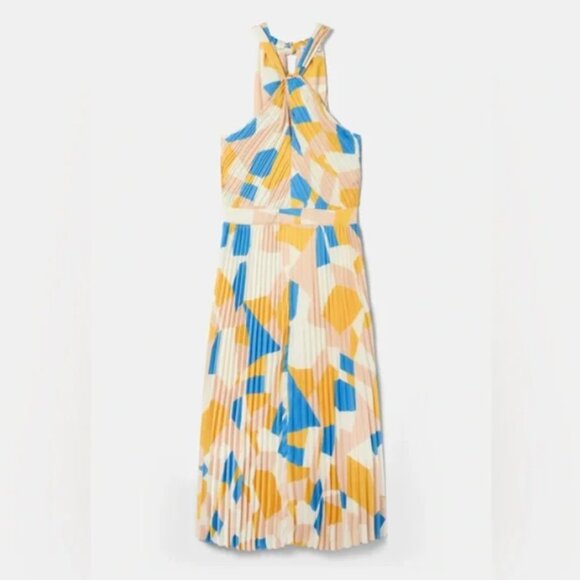 NWT Amour Vert Pleat Recycled Sateen Dress in Sonia Indigo Blue Multi - M - Picture 3 of 9